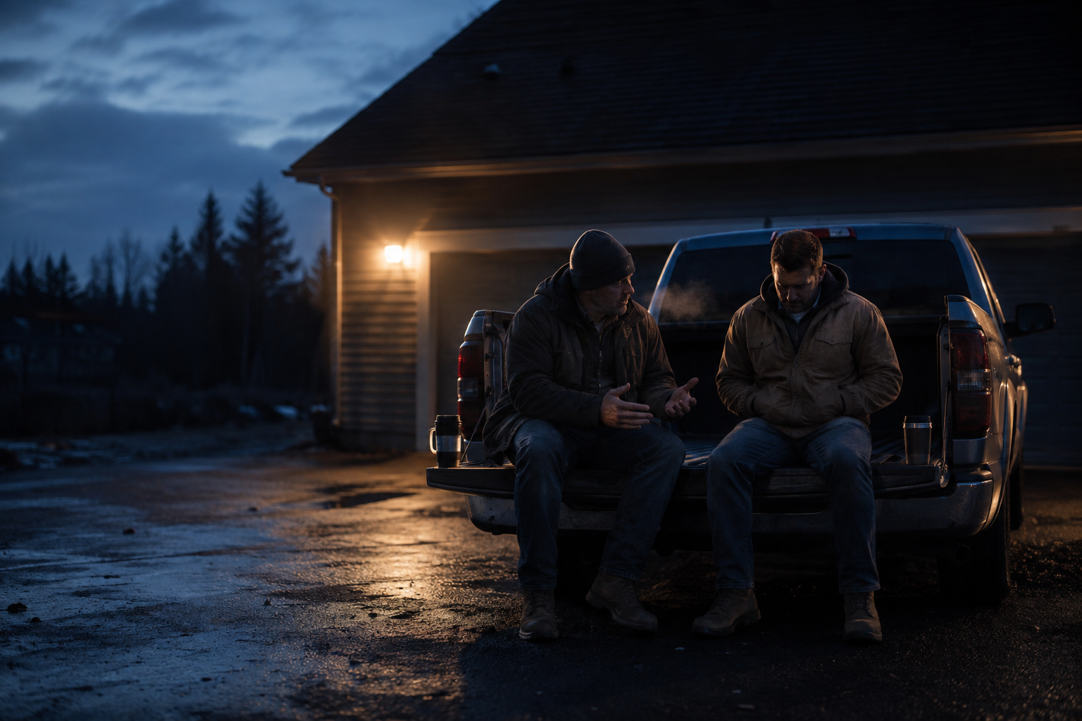 Two men sitting on a lowered truck tailgate in a driveway before sunrise, one talking, the other listening with his head down.